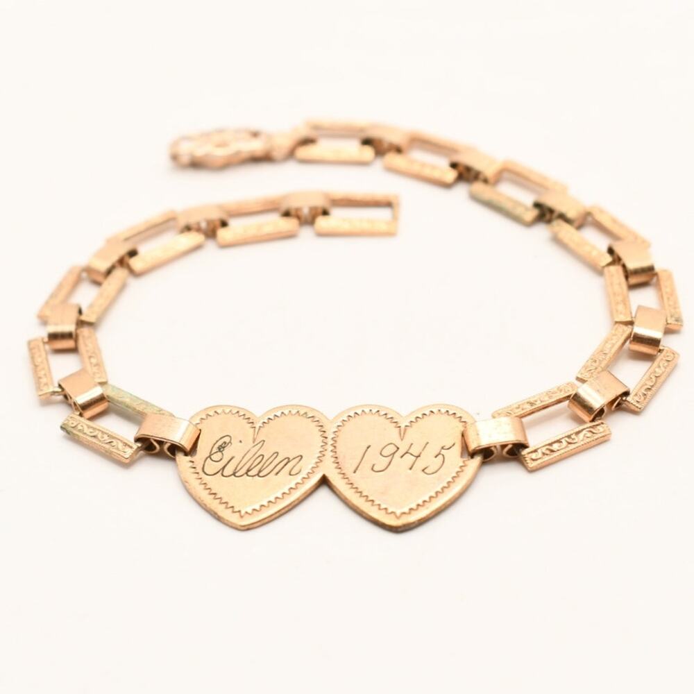 Vintage 1945 Sweetheart Bracelet Eileen Engraved Hearts Rose Gold Tone WWII